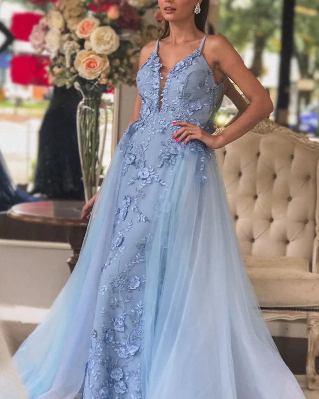 Mermaid V Neck 3D Lace Flowers Embroidery Prom Dresses